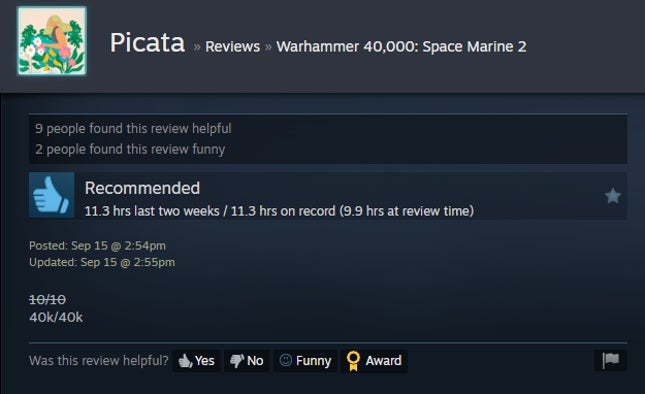 Screenshot of the article titled Warhammer 40,000: Space Marine 2, As Reported by Steam Reviews